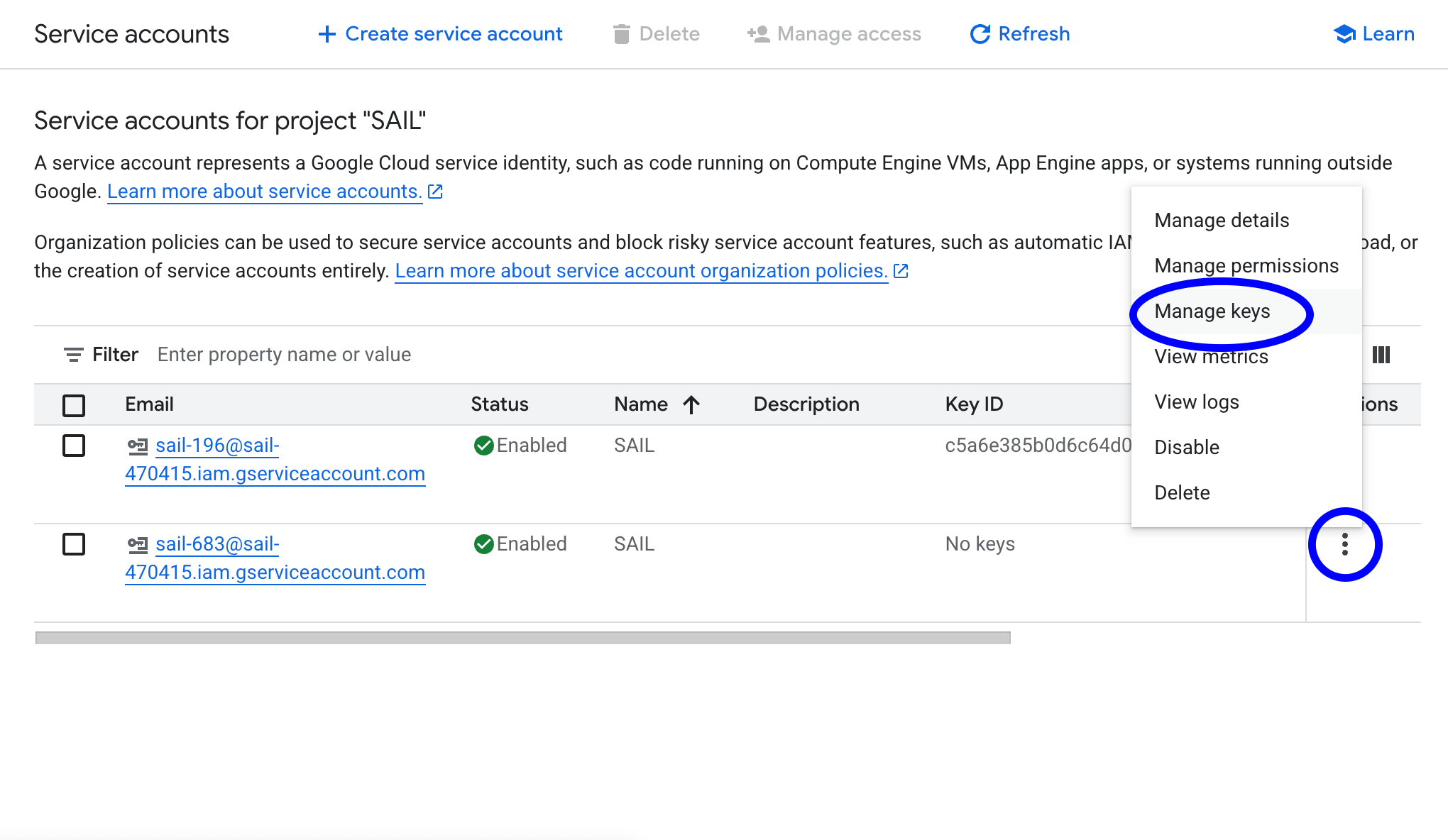 Creating a key for a service account